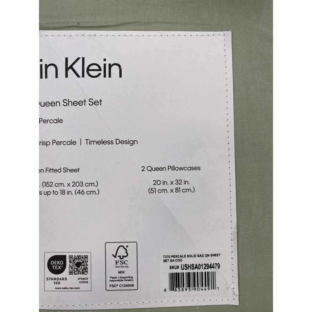 Calvin Klein Sheet Set Queen Sage Green Cotton Percale 270TC Earthy Modern